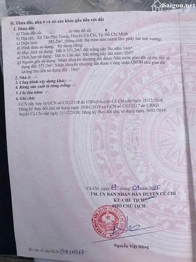 Cần bán lô đất 385m2 full thổ cư, Xã Tân Phú Trung, Huyện Củ Chi, Tp Hồ Chí Minh