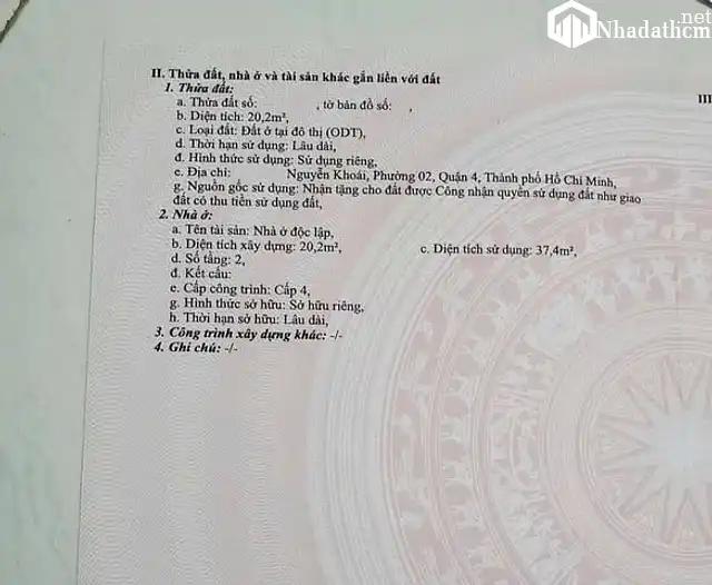 Bán nhà Chỉ 3 tỷ - nhà đẹp 20,2m2 (ngang 4,55m) - Nguyễn Khoái - hẻm trước nhà 3,65m, Quận 4